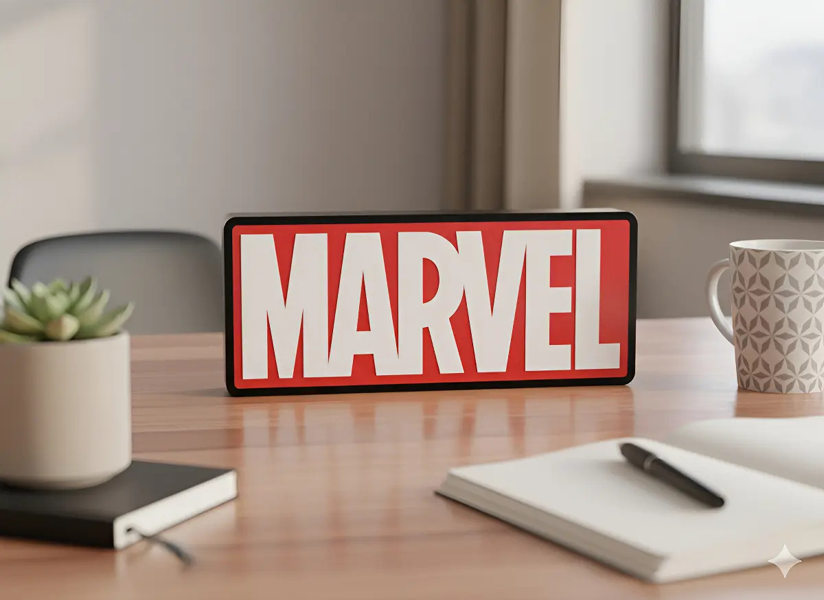 Lampara Velador Letrero Led 3d Marvel Negro Blanco