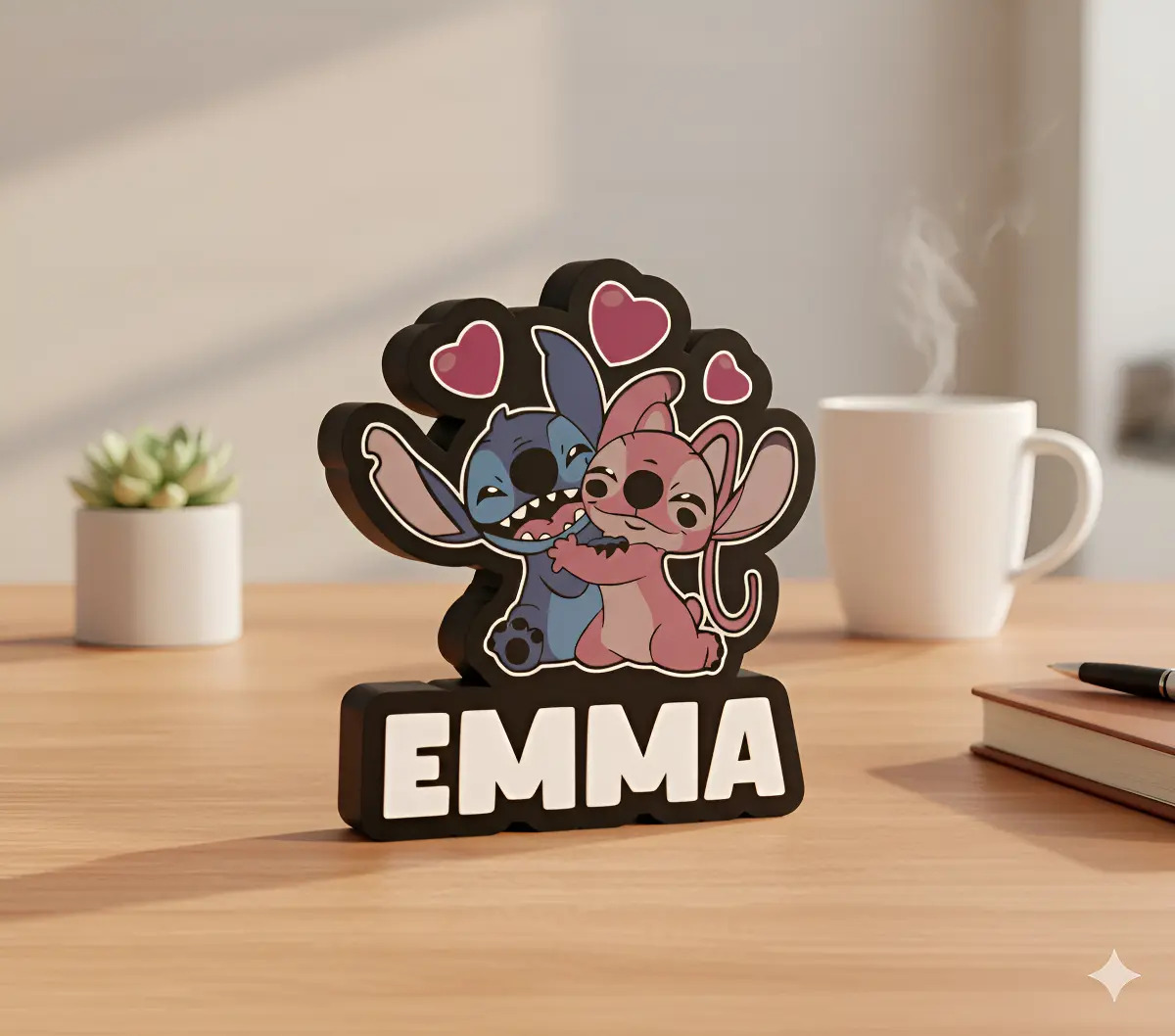 Lampara Velador Led 3d Lilo Y Stich Personalizable Negro Blanco